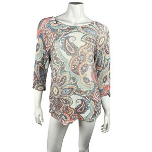 Chico's Top 1P M Petite Paisley Knit Cross Back 3/4 Sleeve‎ Boho Stretch Blouse